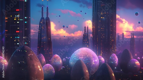 Futuristic Cityscape with Illuminated Eggs