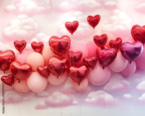 Obraz na płótnie Heart-Shaped Balloons Against Pink Clouds w salonie