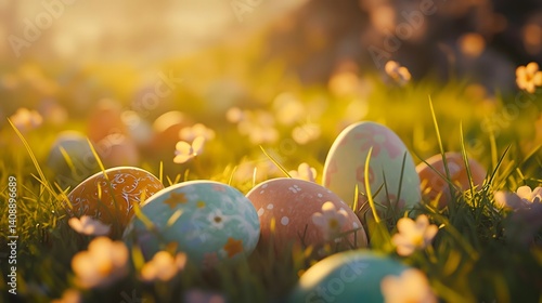 Easter Eggs in a Grassy Meadow at Sunrise