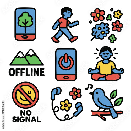 Icons representing digital detox nature and mindfulness. Features tree walking figure mountains power button meditating person smiling face headphones and bird. Emphasizes disconnecting from