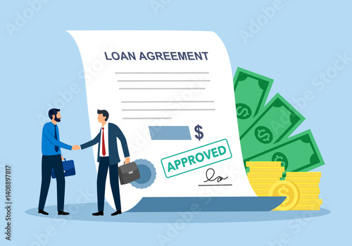 Loan agreement, proof of loan document, two businessmen shaking hands making a loan agreement with money and a loan agreement document concept vector illustration.