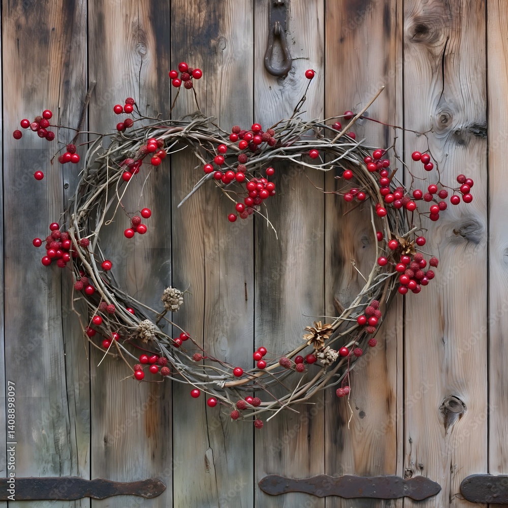 Heart-Shaped Wreath on Wooden Door