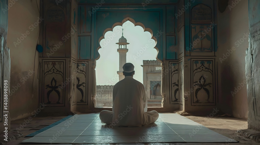 Muslim Man in Prayer at Mosque