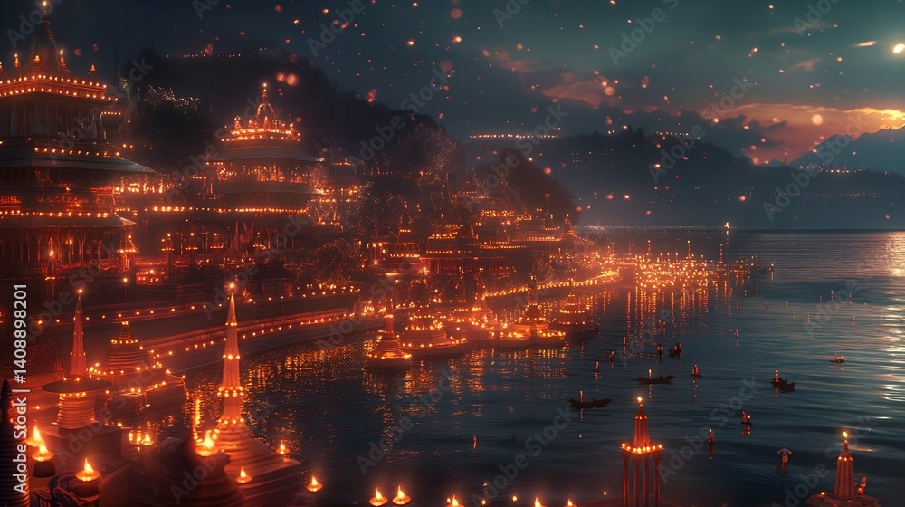 Illuminated City on the River at Dusk