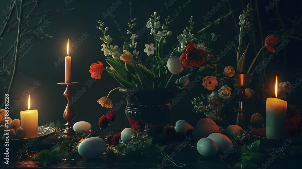 Easter Still Life with Candles and Flowers