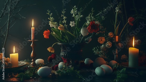 Obraz na płótnie Easter Still Life with Candles and Flowers w salonie