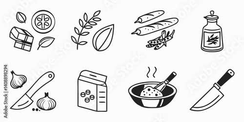 Hand-Drawn Culinary Icons Spices, Herbs, and Kitchen Utensils
