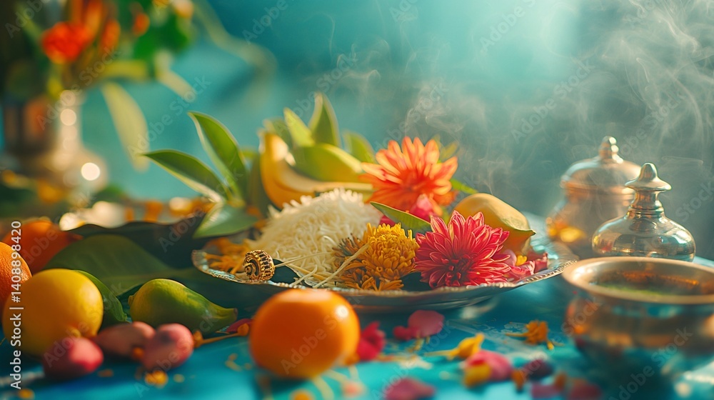 Puja Offering with Flowers, Fruits, and Incense