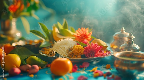 Obraz na płótnie Puja Offering with Flowers, Fruits, and Incense w salonie
