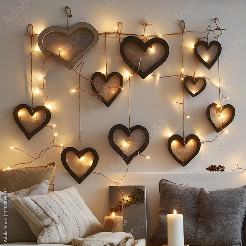 Obraz na płótnie Heart Shaped Wall Decor with Fairy Lights w salonie