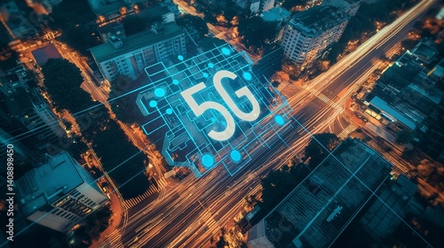 Obraz na płótnie 5G Network Overlay on City at Night w salonie