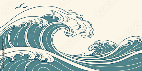 Serene Ocean Waves  A Stunning Illustration of Rolling Blue Waves and Tranquil Seascape