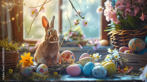 Easter Bunny and Eggs by the Window