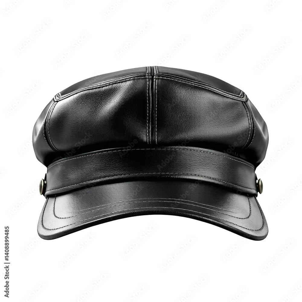 Black Leather Fiddler Cap. Casual cap, front view. Cap Mockup. Smooth Surface, Structured Crown, Isolated on White Black Leather Fiddler Cap. Casual cap, front view. Cap Mockup. Smooth Surface, Structured Crown, Isolated on White