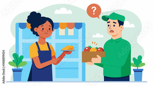 I overhear the vendor apologizing to a customer for the lack of variety and high prices a common occurrence in an era of everrising food costs.. Vector illustration