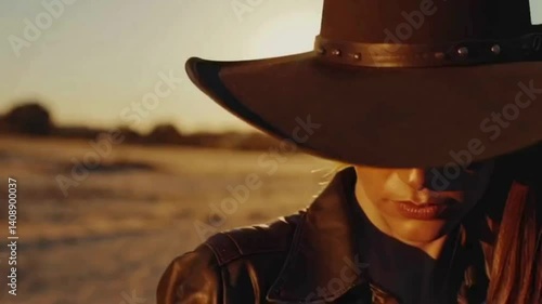 Sunset cowgirl with intense gaze