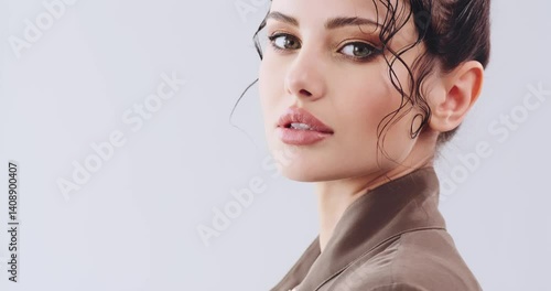 Beautiful young woman  with stylish hairstyle posing at studio. Close-up face of a girl with bright fashionable make-up. Fashion model with beautiful eyes  looks to the camera. Sexy girl. Slow motion.