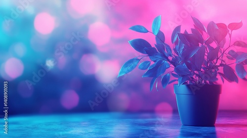 Vibrant potted plant in neon glow