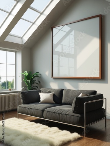 Empty frame mockup in skylight attic living room, modern loft interior mockup, poster frame mockup design, mockup frame