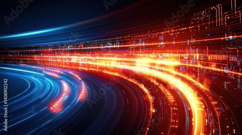 Digital data stream.  Fast moving, glowing, circular paths of data