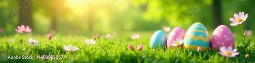 Colorful easter eggs in grass with blooming flowers, perfect spring background, natural, grass, background