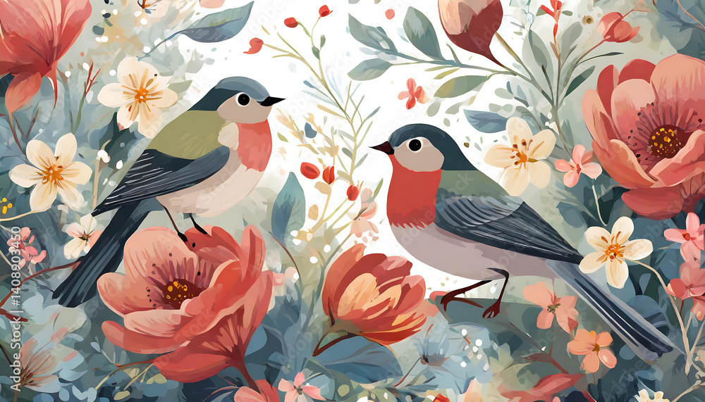 illustration of a seamless floral pattern with cute birds in spring for Wedding illustration of a seamless floral pattern with cute birds in spring for Wedding