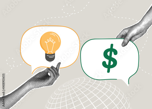 Fashionable halftone collage. Investment idea for funding a new venture. Concept of selling an idea for money, investment for startup project, venture capital, funding concept.