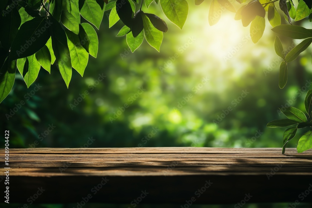 Empty wooden table in front of blurred lush green forest with soft sunlight filtering through foliage and space for text. Concept of nature, tranquility, and eco-friendly presentation.