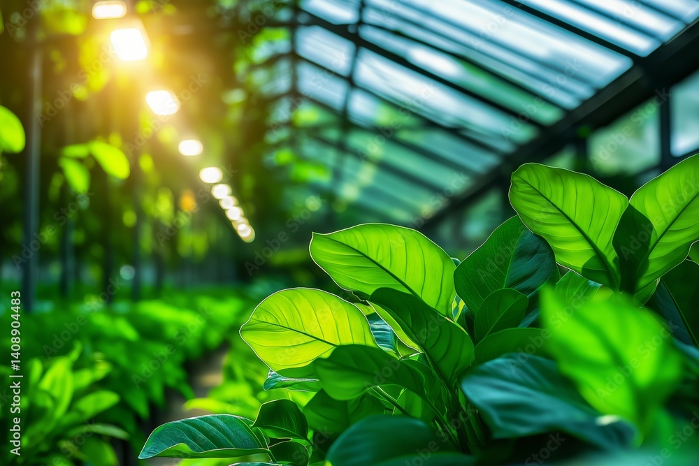 Smart high-tech greenhouse with automated irrigation and climate systems, filled with soft natural light. Concept of sustainable farming, agricultural innovation, and environmental efficiency.