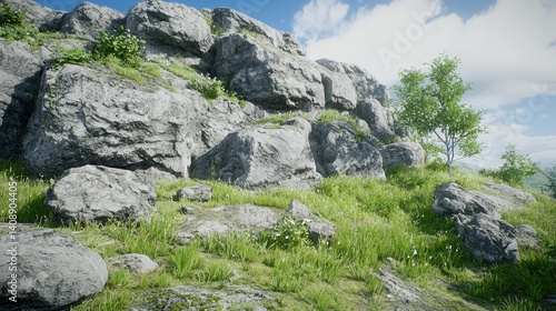 Rocky hillside covered in grass and small wildflowers under a partly cloudy sky.  A small tree stands amidst the rocks