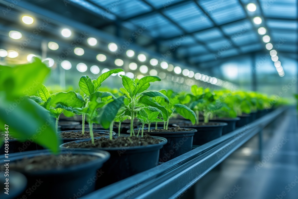 Green plants in black plastic pots arranged in smart greenhouse. Concept of modern cultivation, efficient agriculture, and sustainable plant growth.