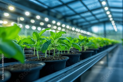 Obraz na płótnie Green plants in black plastic pots arranged in smart greenhouse. Concept of modern cultivation, efficient agriculture, and sustainable plant growth. w salonie