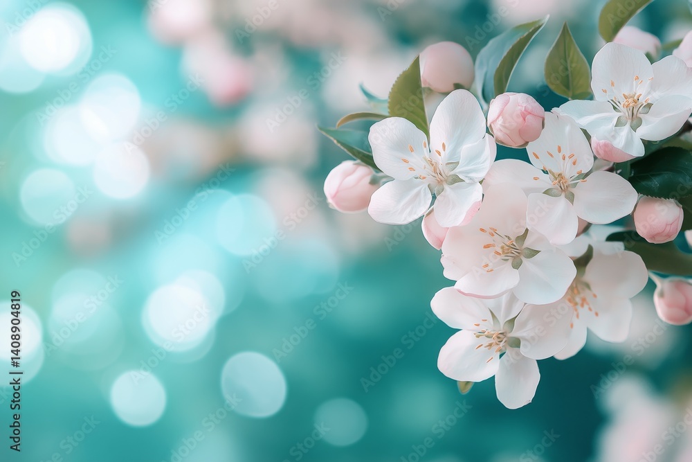Green background with blooming apple trees and delicate white and pink flowers. Concept of spring renewal, natural beauty, and seasonal freshness.