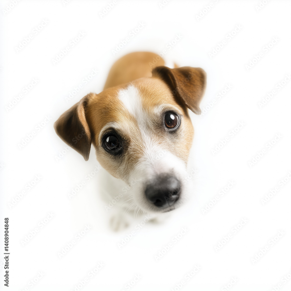 Cute dog looking up with big eyes, showcasing playful and curious expression against white background Cute dog looking up with big eyes, showcasing playful and curious expression against white background