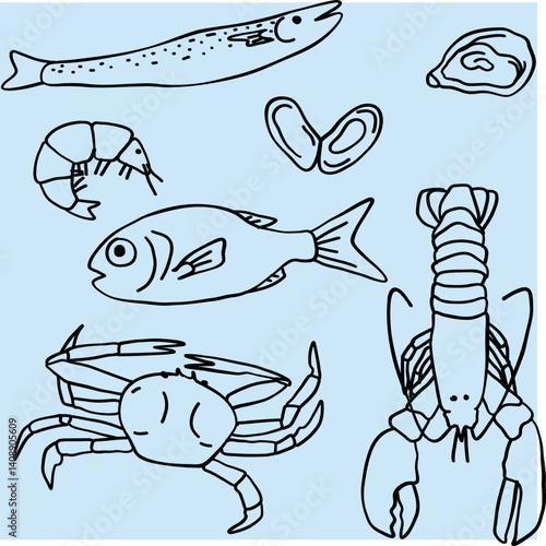 Seafood doodles, hand-drawn food illustrations. Line art.