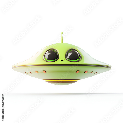 Cute Cartoon UFO with Smiling Face Isolated on White Background

