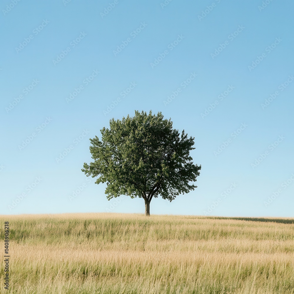 Single tree in golden field under clear sky
