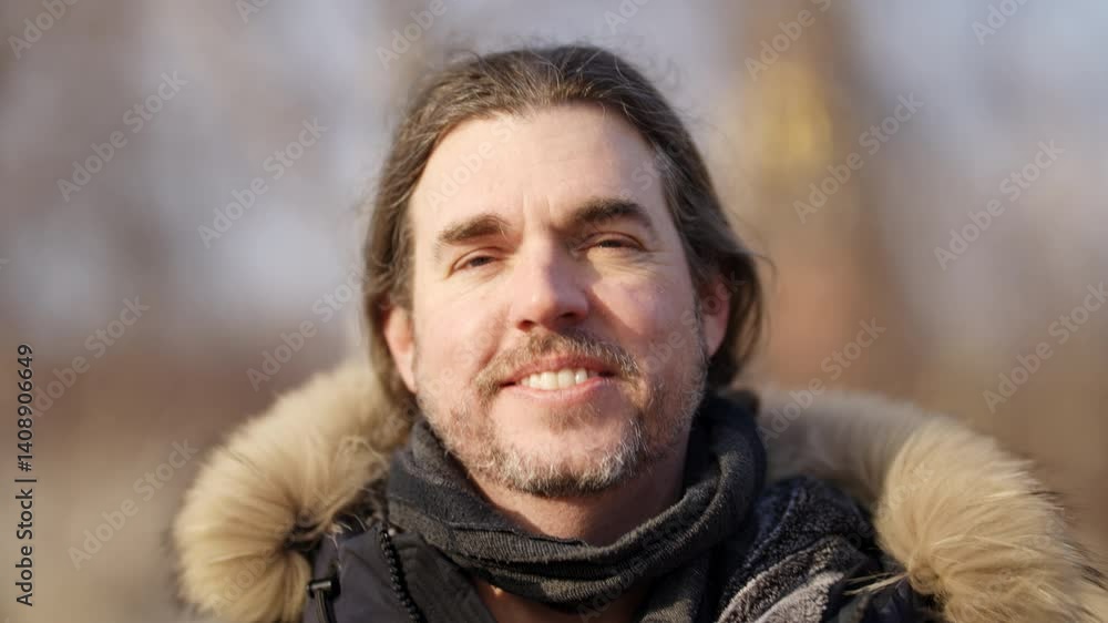 Portrait of smiling man with long hair in winter. Action Portrait of smiling man with long hair in winter. Action