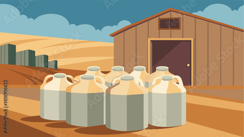 The empty milk jugs stacked in the corner were covered in a thick layer of dust a reminder of the last time this farm produced any milk.. Vector illustration
