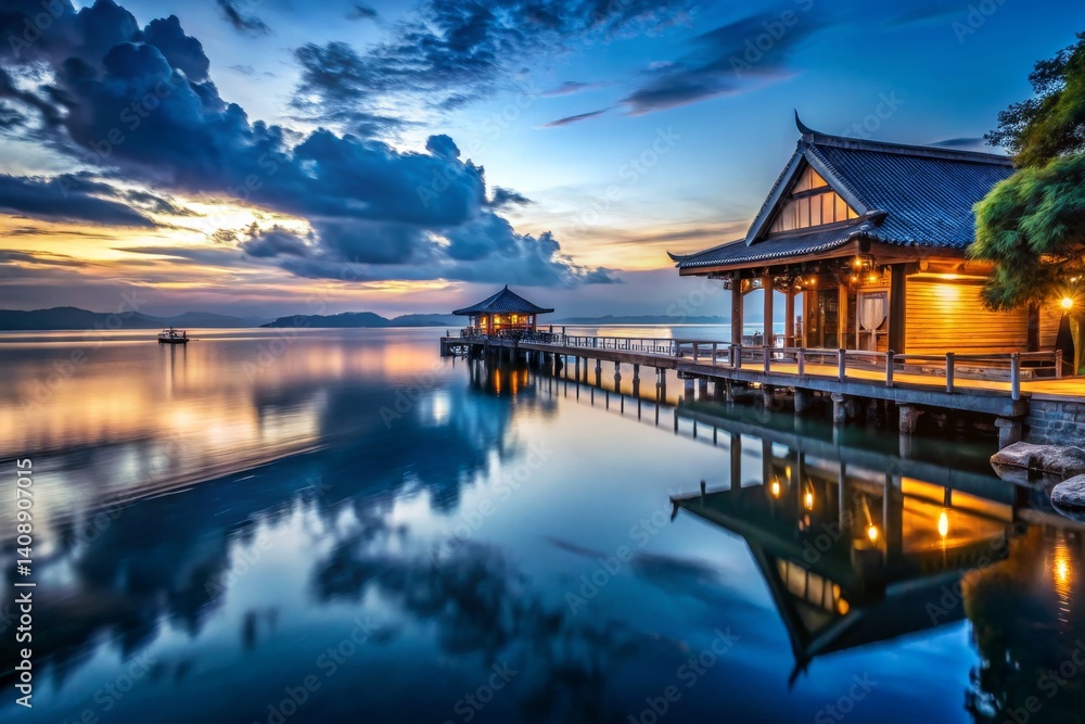 Obraz premium Tranquil Lake Reflection of Asian Architecture at Sunset