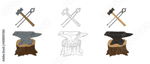 Blacksmith Anvil, Hammer, and Tongs Vector Art on Tree Stump