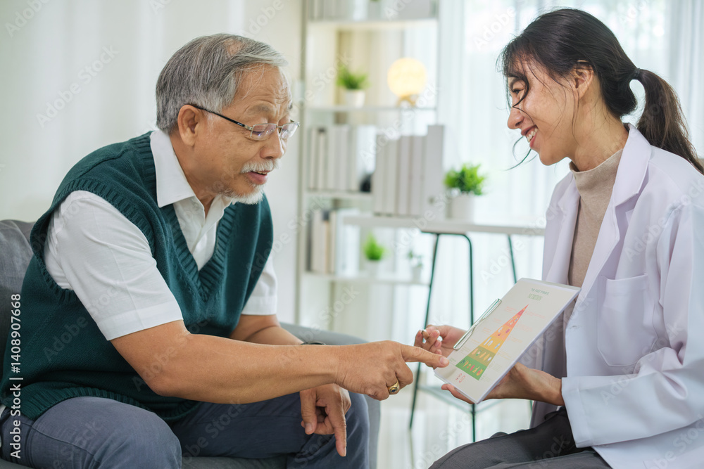 Fototapeta premium Doctor Explaining Healthy Eating and Food Pyramid to Senior Patient During Nutrition Counseling