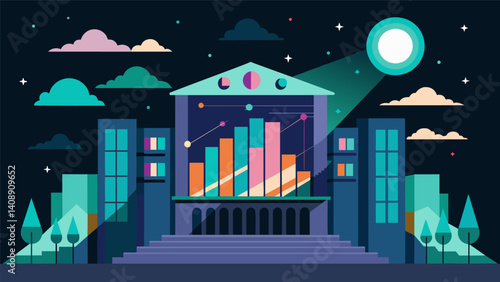 A projection mapping installation on a building facade showcasing data from a citys energy consumption in a visually captivating and thoughtprovoking way.. Vector illustration