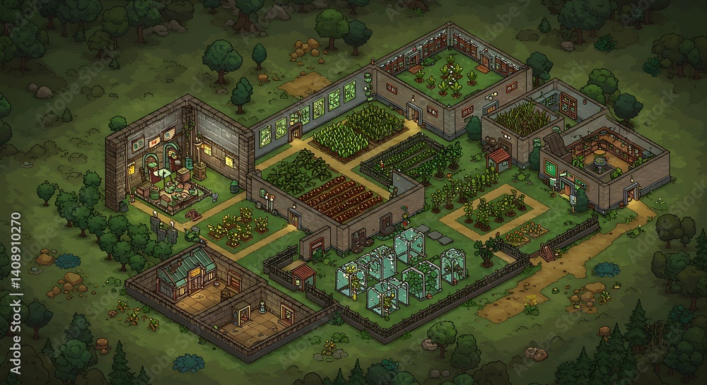 Fototapeta premium Farm Isometric View Showing Buildings and Crops Layout