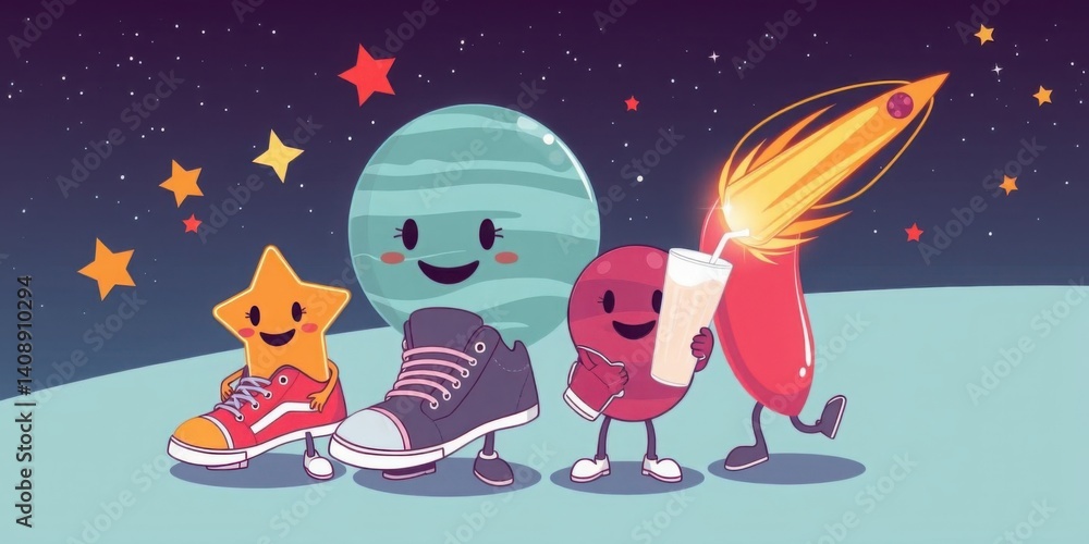 Naklejka premium Cute Space Planets Stars Rocket Cartoon Illustration