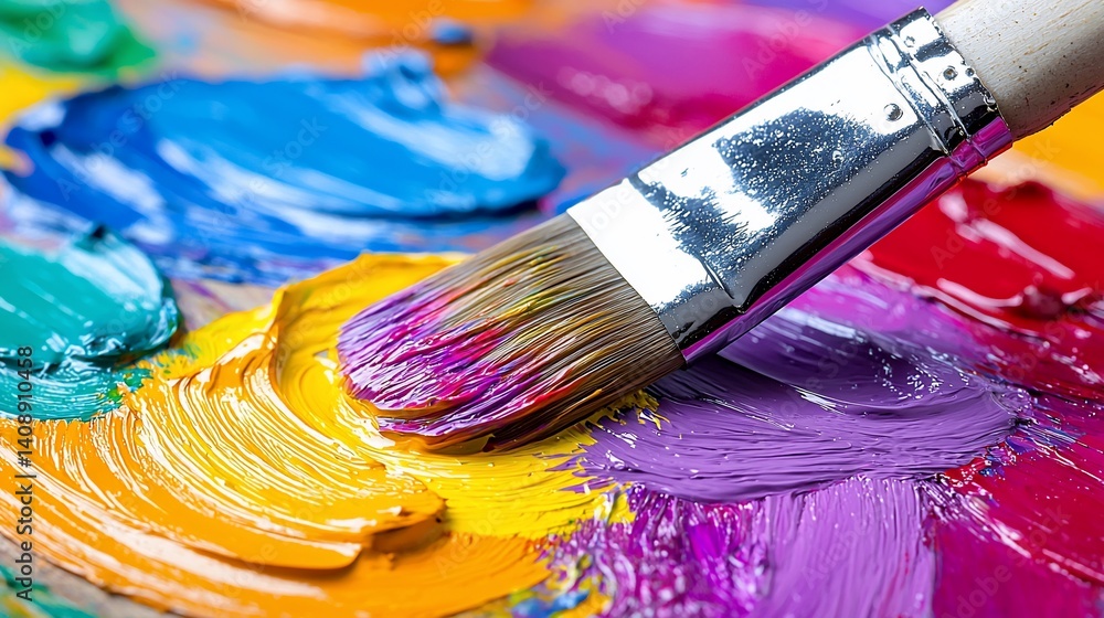 Fototapeta premium Vibrant oil paint palette with brush, showcasing colorful strokes and textures