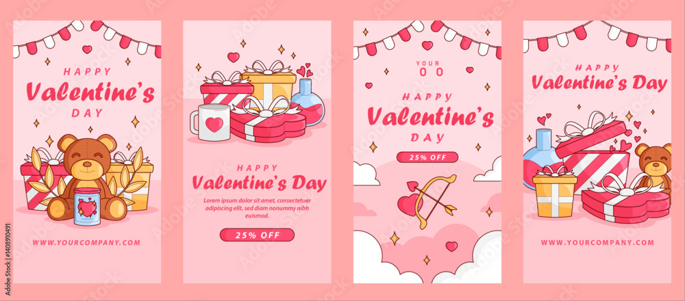 Fototapeta premium Valentine’s Day Social Media Story Set with Cute Bears and Love Elements