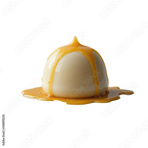 Creamy dessert topped with golden sauce, creating delightful and wobbly treat that tempts taste buds