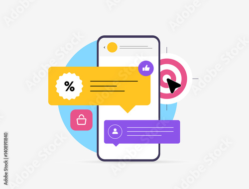 Messenger marketing for direct brand communication, driving customer engagement and digital growth through personalized chat. Messenger marketing strategies for brands vector illustration and icons