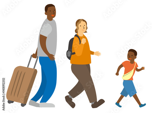 旅行中の黒人、白人の夫婦と子供の観光客３人家族